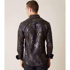 EIGHT X Premium Men's Buckle Foiled Metallic Slim Fit Stretch Shirt L Black NWOT